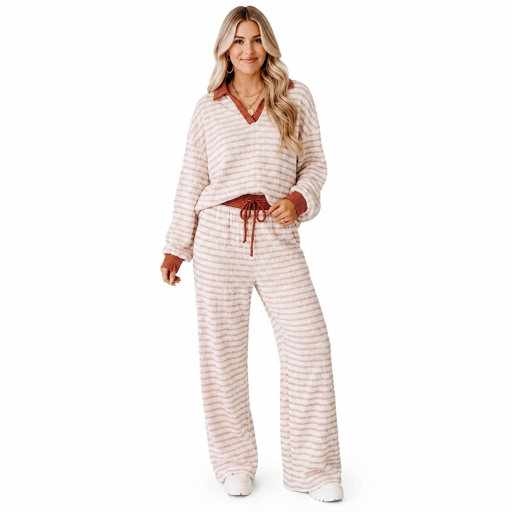 Damen gestreiftes lässiges Loungewear-Set, langärmeliges V-Ausschnitt-Oberteil und weite Hose, zweiteiliges entspannt sitzendes Set