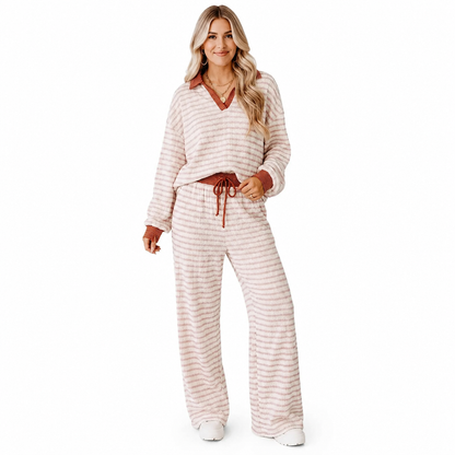 Damen gestreiftes lässiges Loungewear-Set, langärmeliges V-Ausschnitt-Oberteil und weite Hose, zweiteiliges entspannt sitzendes Set