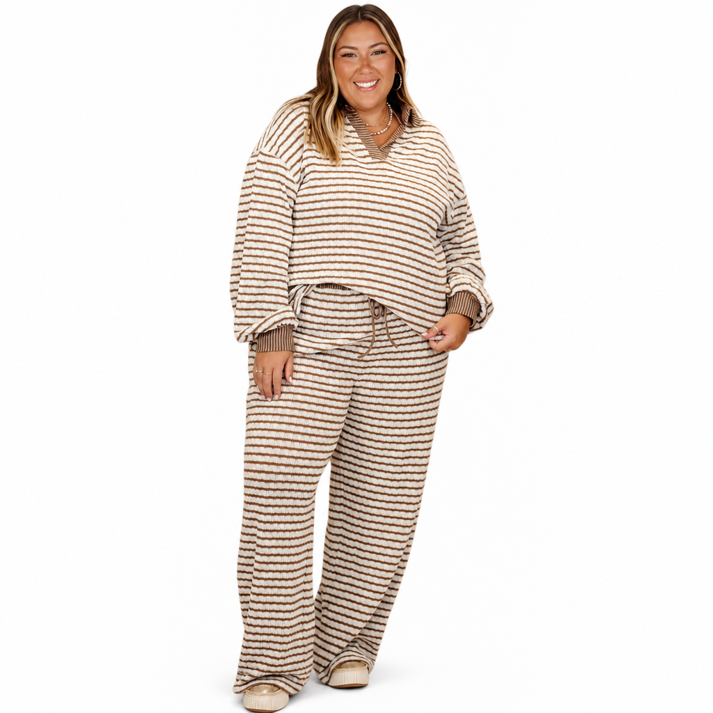 Damen gestreiftes lässiges Loungewear-Set, langärmeliges V-Ausschnitt-Oberteil und weite Hose, zweiteiliges entspannt sitzendes Set