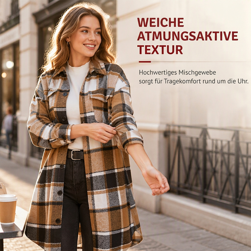 💥50% Rabatt! Nur heute!💥 Legeres kariertes Damen-Hemdjacke mit Knopfleiste in langem Schnitt