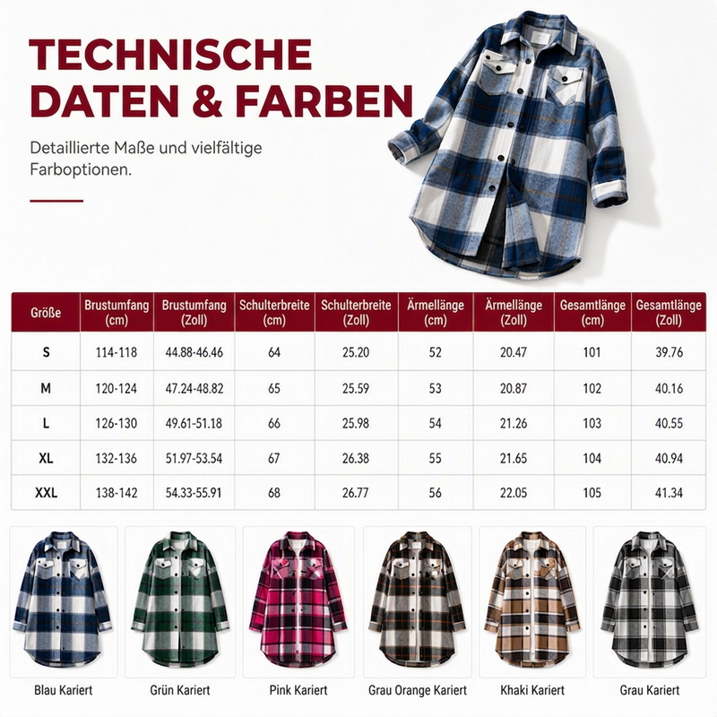 💥50% Rabatt! Nur heute!💥 Legeres kariertes Damen-Hemdjacke mit Knopfleiste in langem Schnitt