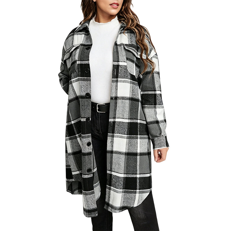 💥50% Rabatt! Nur heute!💥 Legeres kariertes Damen-Hemdjacke mit Knopfleiste in langem Schnitt