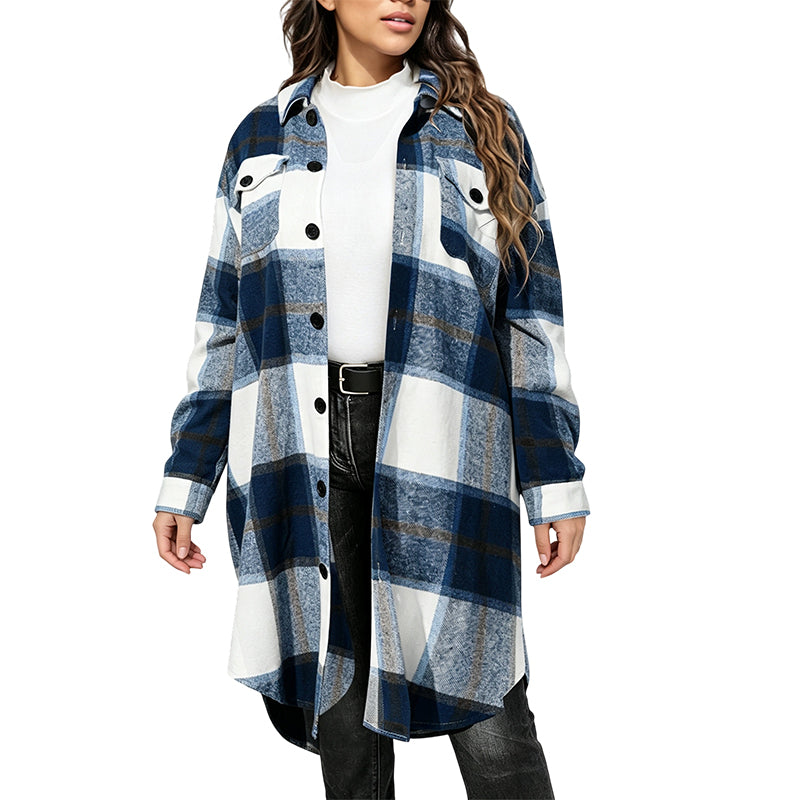 💥50% Rabatt! Nur heute!💥 Legeres kariertes Damen-Hemdjacke mit Knopfleiste in langem Schnitt