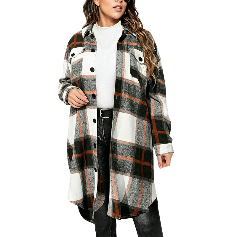 💥50% Rabatt! Nur heute!💥 Legeres kariertes Damen-Hemdjacke mit Knopfleiste in langem Schnitt