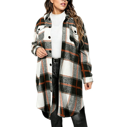 💥50% Rabatt! Nur heute!💥 Legeres kariertes Damen-Hemdjacke mit Knopfleiste in langem Schnitt