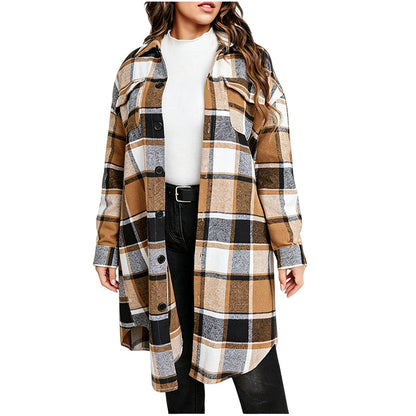 💥50% Rabatt! Nur heute!💥 Legeres kariertes Damen-Hemdjacke mit Knopfleiste in langem Schnitt