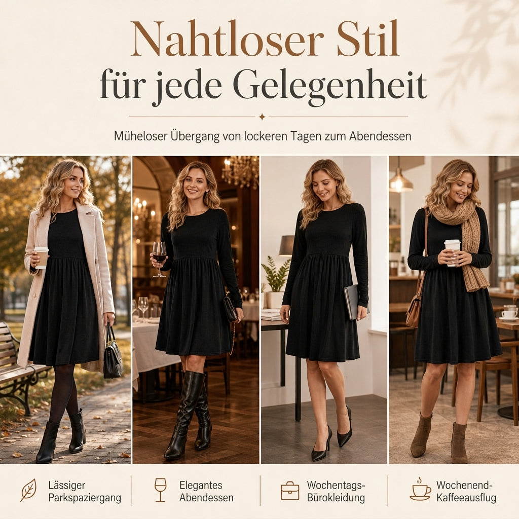 Lässiges, locker sitzendes Damenkleid mit langen Ärmeln, Rundhalsausschnitt und einfarbigem Design