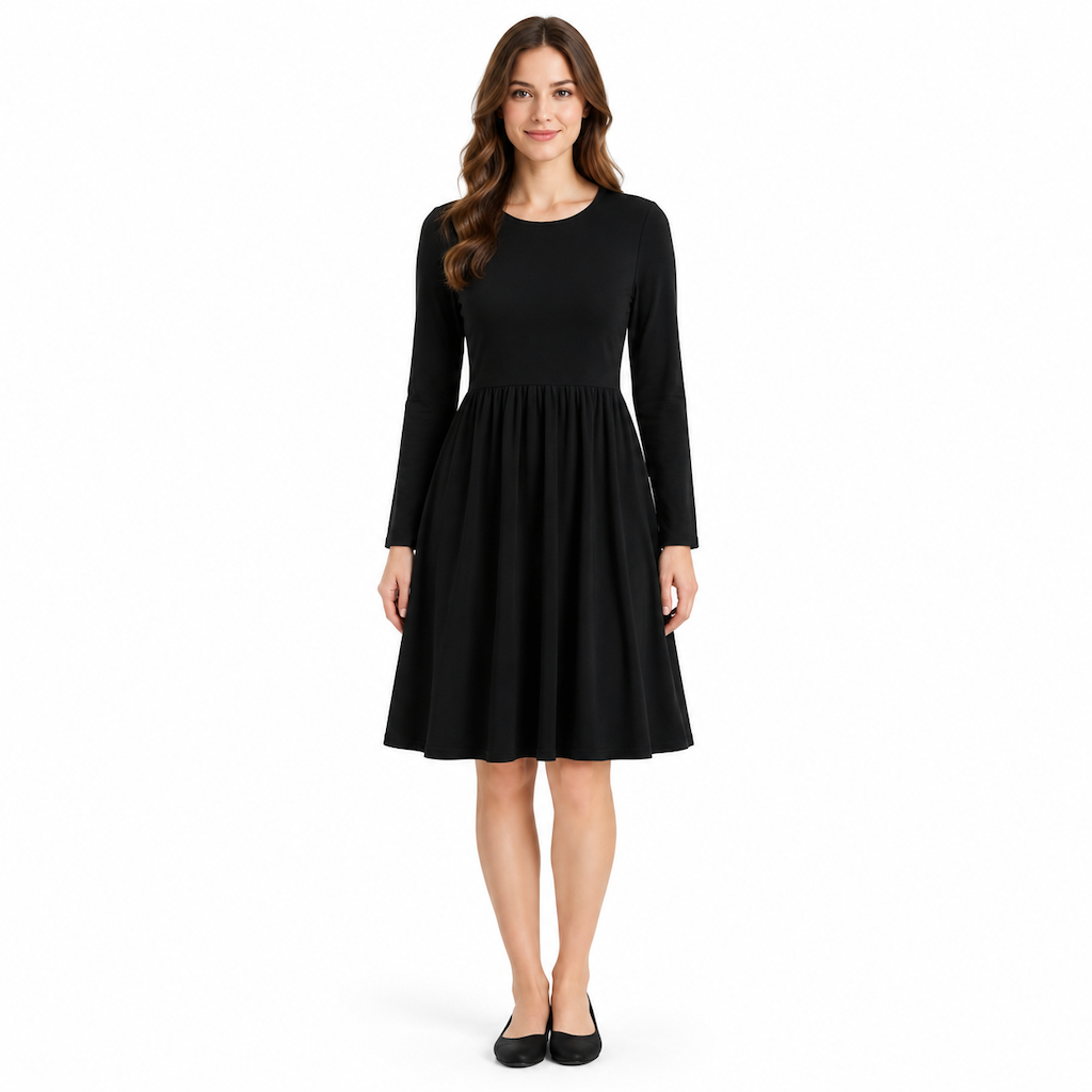 Lässiges, locker sitzendes Damenkleid mit langen Ärmeln, Rundhalsausschnitt und einfarbigem Design