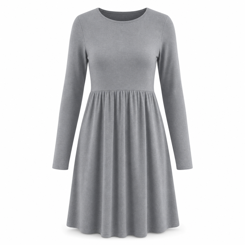 Lässiges, locker sitzendes Damenkleid mit langen Ärmeln, Rundhalsausschnitt und einfarbigem Design