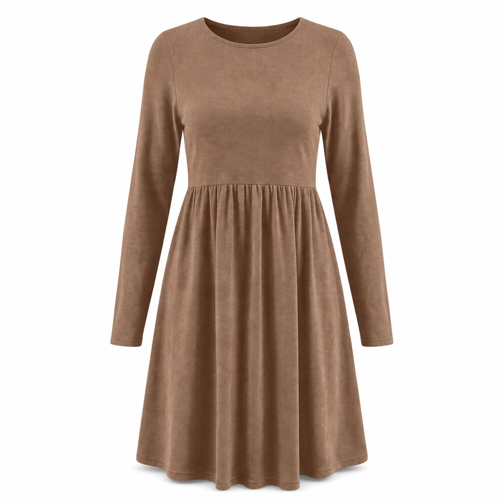 Lässiges, locker sitzendes Damenkleid mit langen Ärmeln, Rundhalsausschnitt und einfarbigem Design