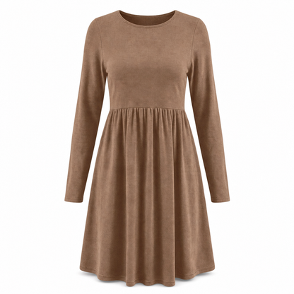 Lässiges, locker sitzendes Damenkleid mit langen Ärmeln, Rundhalsausschnitt und einfarbigem Design