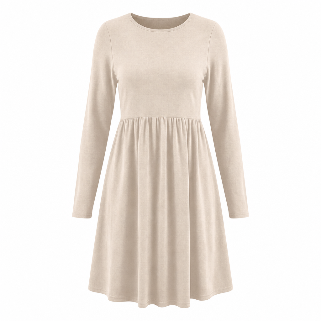 Lässiges, locker sitzendes Damenkleid mit langen Ärmeln, Rundhalsausschnitt und einfarbigem Design