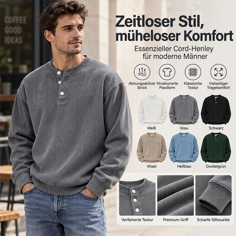 Lässiges Cord-Langarm-Henley-Shirt für Herren