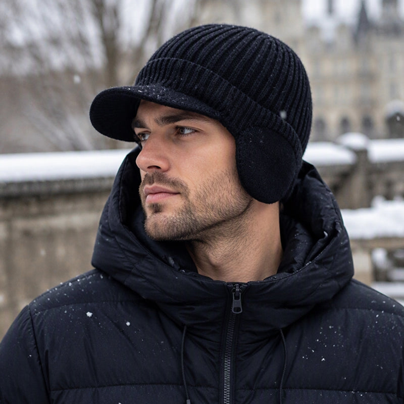 Herren-Wintermütze aus Strick mit Schirm und Ohrenklappen