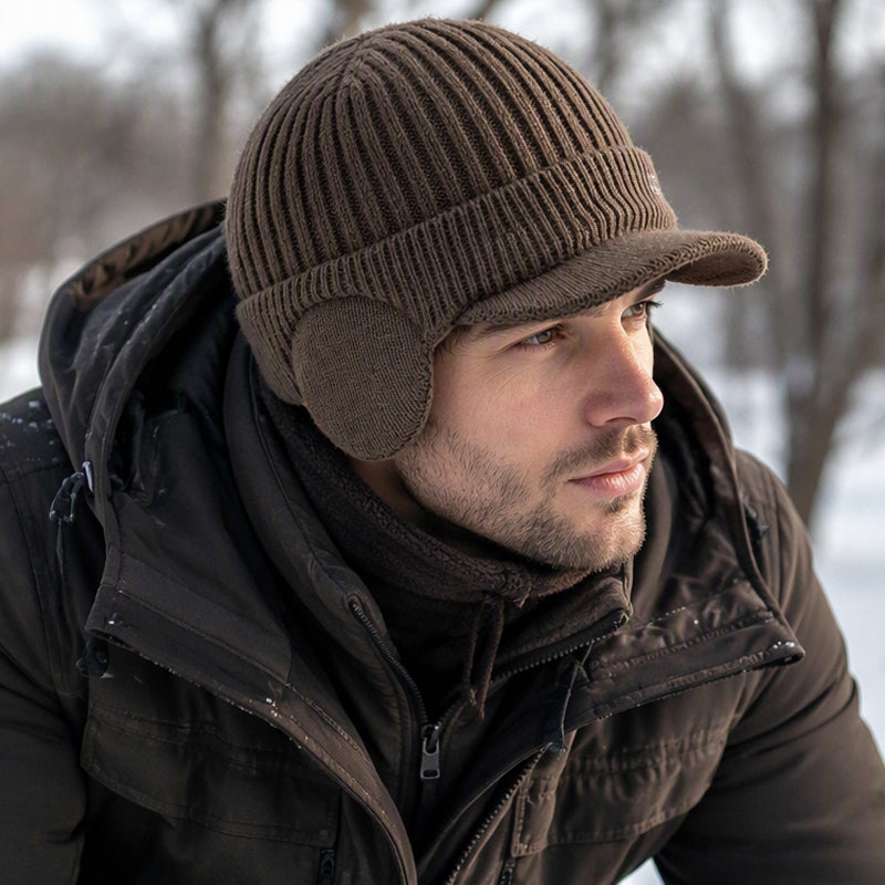 Herren-Wintermütze aus Strick mit Schirm und Ohrenklappen