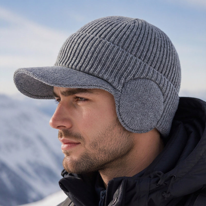 Herren-Wintermütze aus Strick mit Schirm und Ohrenklappen