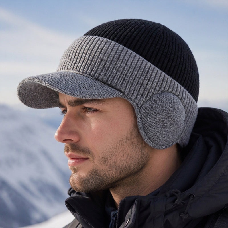Herren-Wintermütze aus Strick mit Schirm und Ohrenklappen