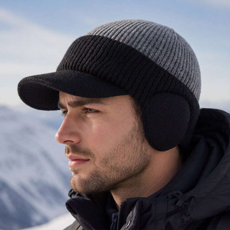 Herren-Wintermütze aus Strick mit Schirm und Ohrenklappen