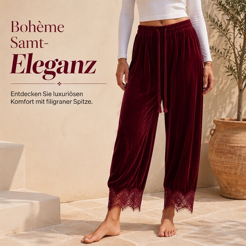 🔥Heute ein Muss! Nicht verpassen!🔥 Samthose mit weiter Bein und Spitzenbesatz für Damen