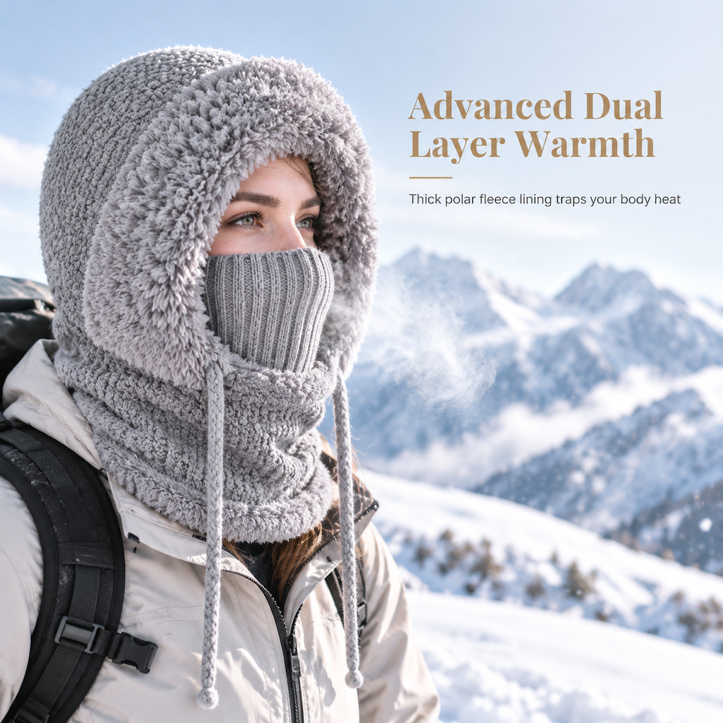 Damen-Wintermütze aus dickem Strick mit integriertem Halswärmer und Gesichtsschutz – warme Ohren und Schutz bei Outdoor-Aktivitäten