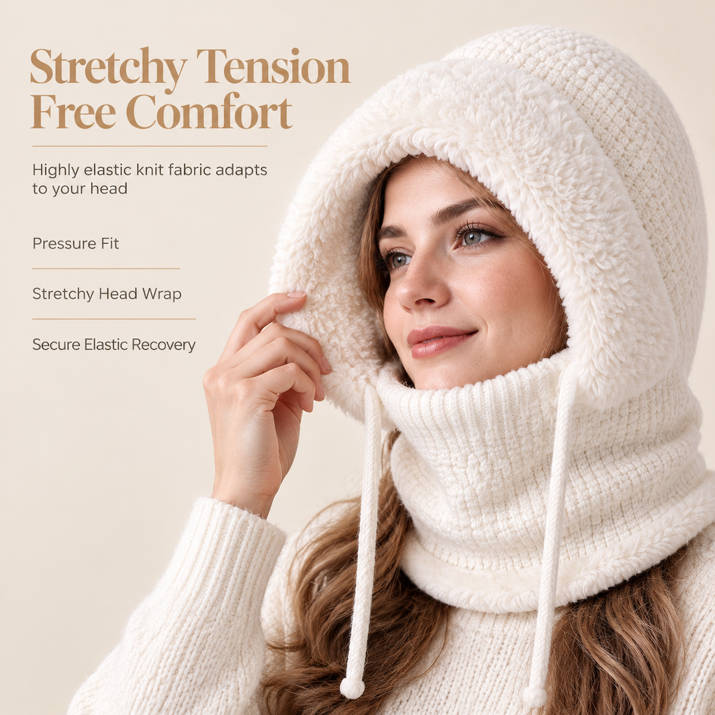 Damen-Wintermütze aus dickem Strick mit integriertem Halswärmer und Gesichtsschutz – warme Ohren und Schutz bei Outdoor-Aktivitäten
