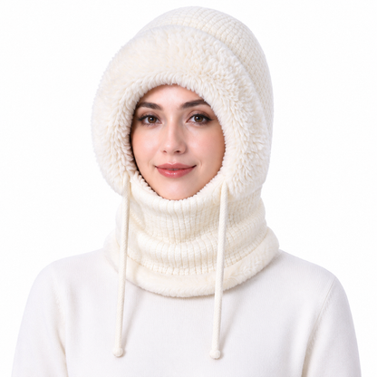 Damen-Wintermütze aus dickem Strick mit integriertem Halswärmer und Gesichtsschutz – warme Ohren und Schutz bei Outdoor-Aktivitäten