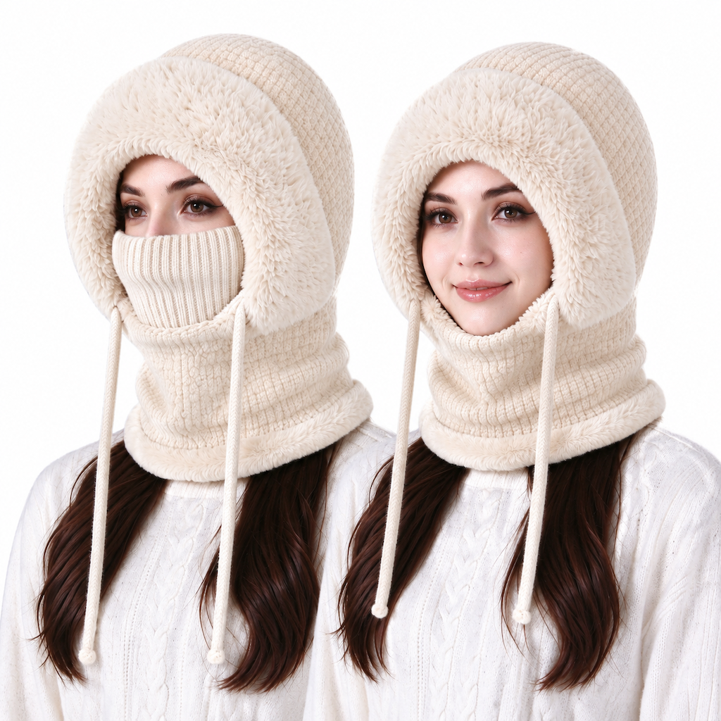 Damen-Wintermütze aus dickem Strick mit integriertem Halswärmer und Gesichtsschutz – warme Ohren und Schutz bei Outdoor-Aktivitäten
