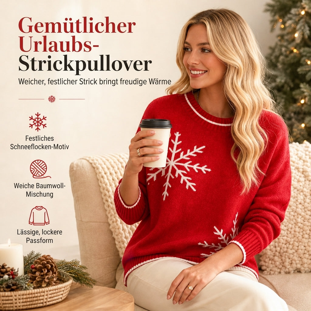 Weihnachts-Strickpullover für Damen mit Schneeflocken-Jacquard, Rundhalsausschnitt und lockerer Passform – ideal für Herbst & Winter