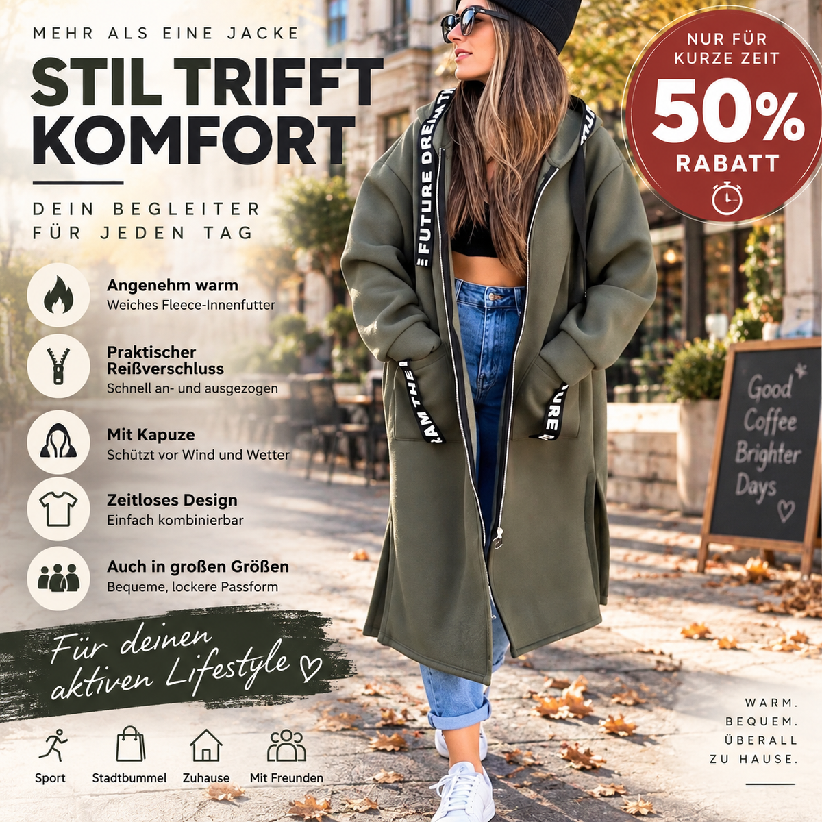 ✨✨Damen Reißverschluss-Kapuzenjacke mit Fleece-Futter